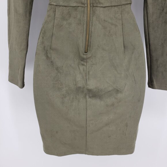 3/$25 Windsor Faux Suede Mini Sheath Dress S Long Sleeves V Neck Olive Green - Picture 8 of 10